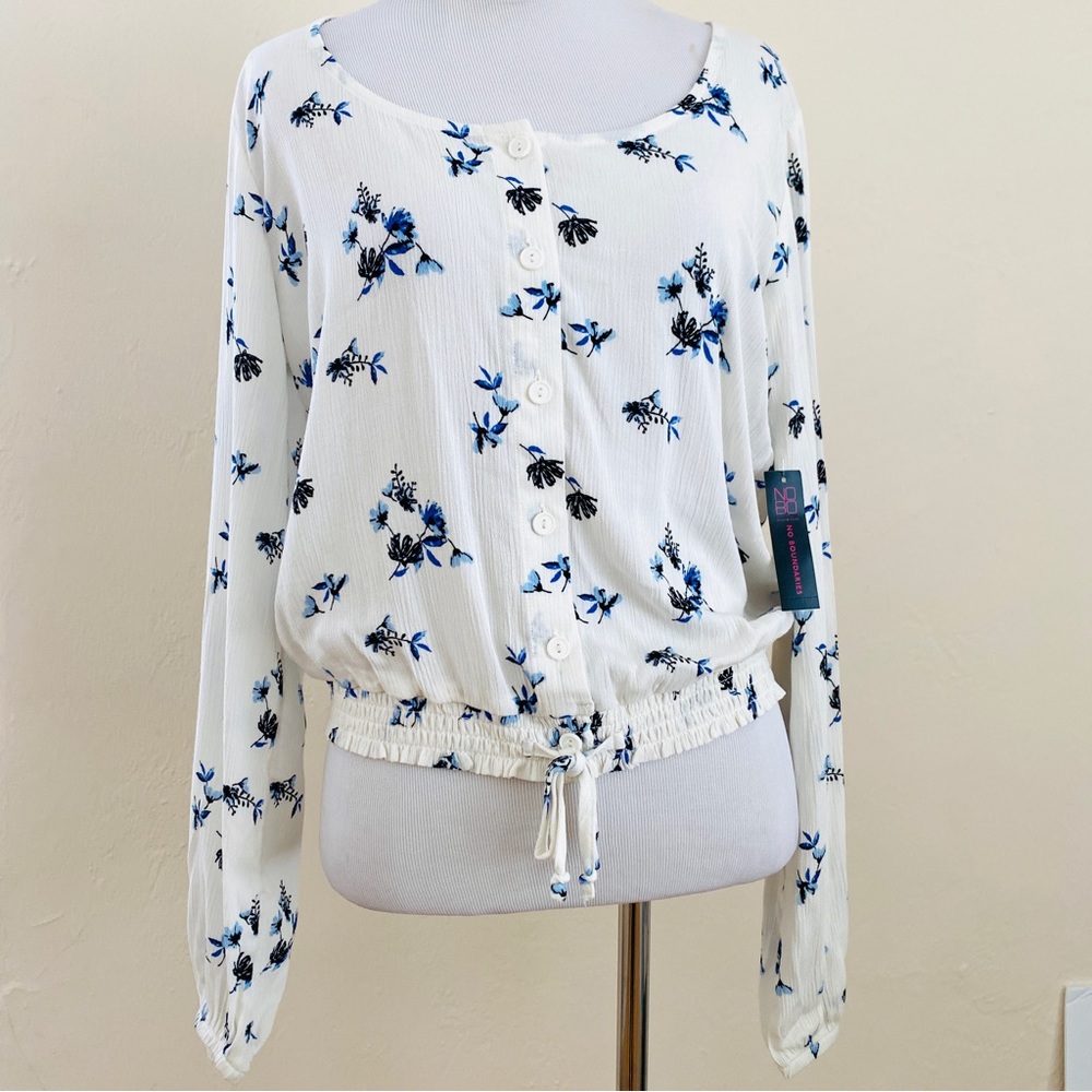 No Boundaries Juniors' White Floral Long Sleeve Blouse M 7-9 Boho Cottagecore